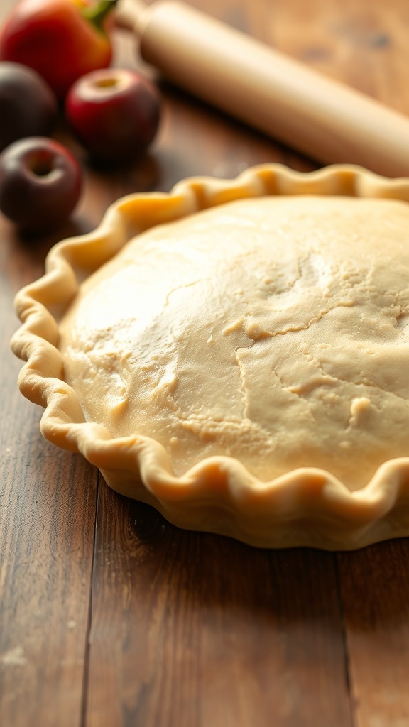 Perfect Pie Crust Recipe Golden brown flaky pie crust on a wooden table with fresh fruits and a rolling pin.